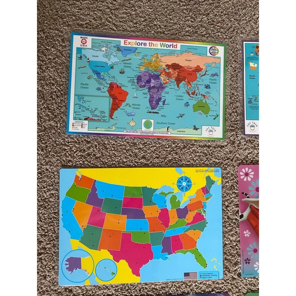 Lot of 8 Kids Educational & Character Placemats Tot Talk USA World Map Disney